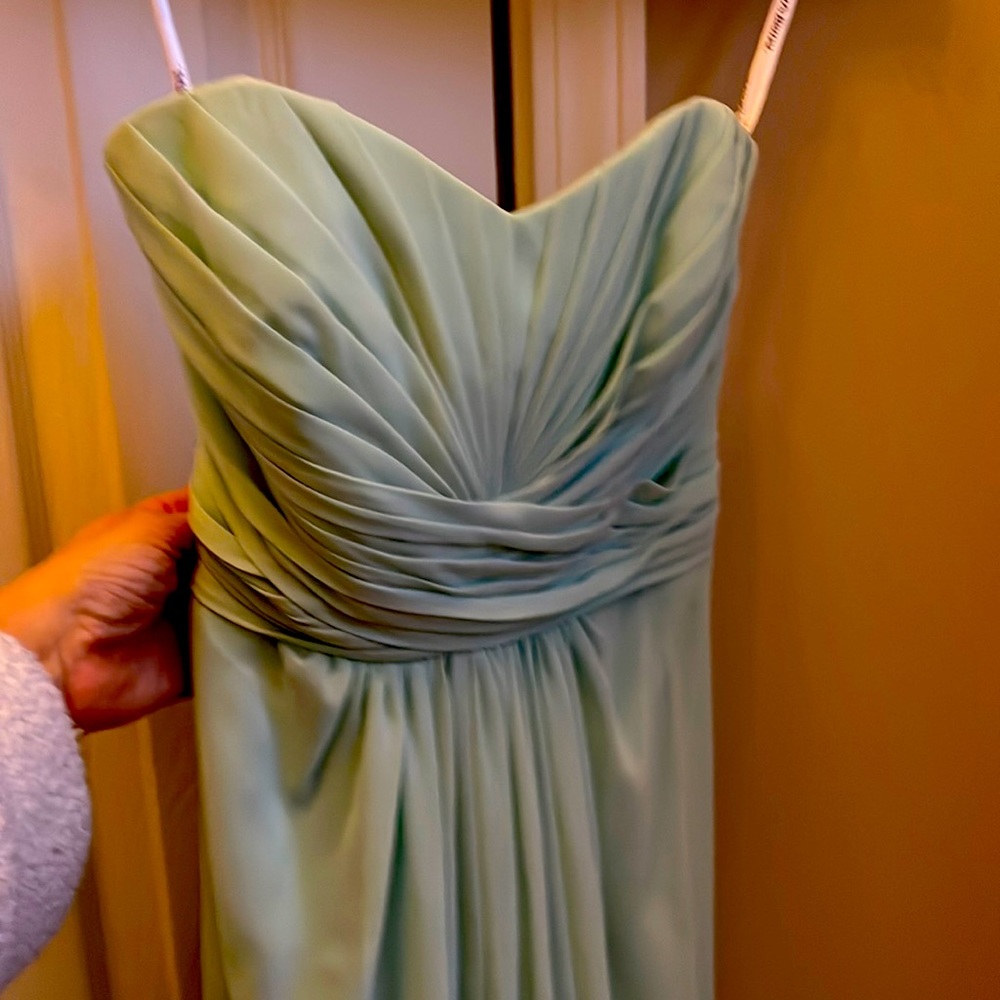 Bridesmaid dress long satin with chiffon size 6 mint green has been worn